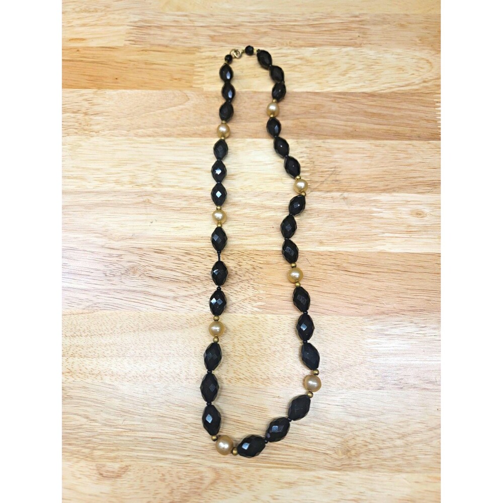 Black Glass Bead Necklace Simulated Gold Imitation Pearl